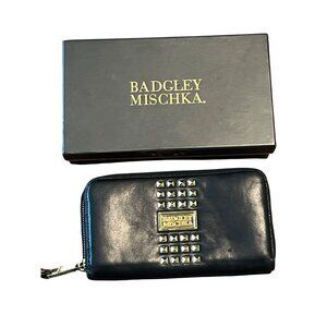 Badgley Mischka Womens Black Leather Wallet W/ Stud Details & Box